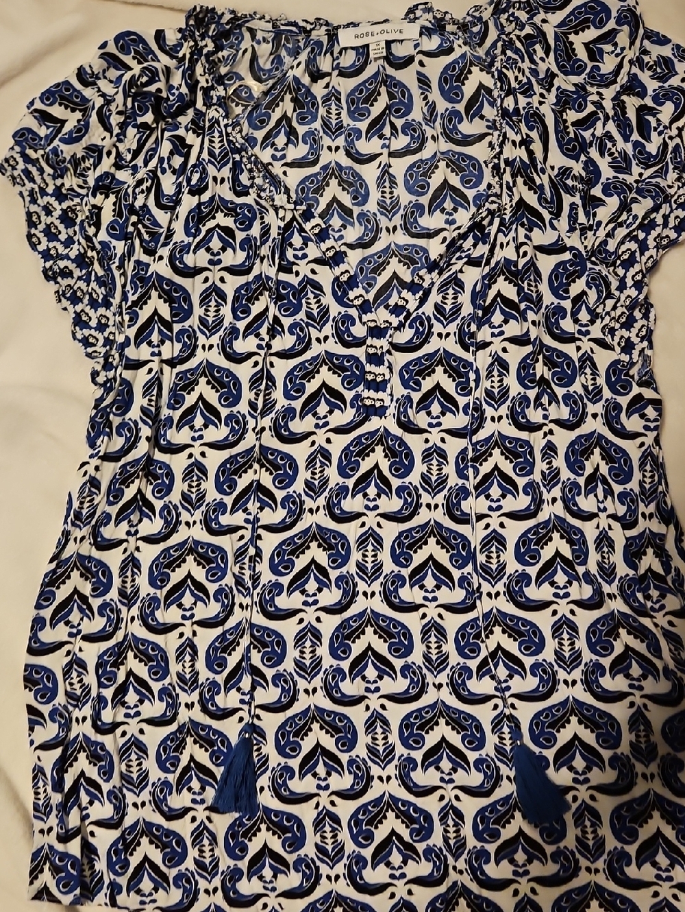 Rose & Olive Blue and White Printed Tie-Front Peasant Blouse